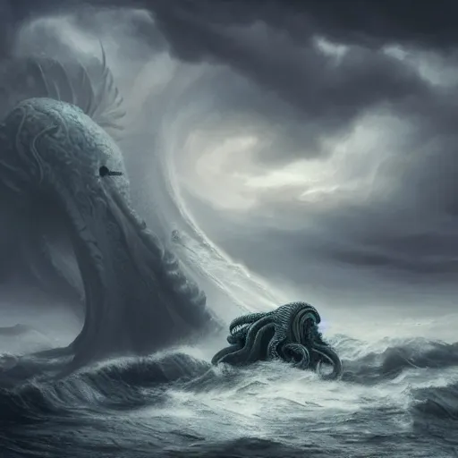 Prompt: cthulhu rising out a stormy ocean, ancient evil, stormy weather, handsome, profile, intricate, detailed, volumetric lighting, scenery, digital painting, highly detailed, artstation, sharp focus, illustration, concept art, ruan jia, steve mccurry