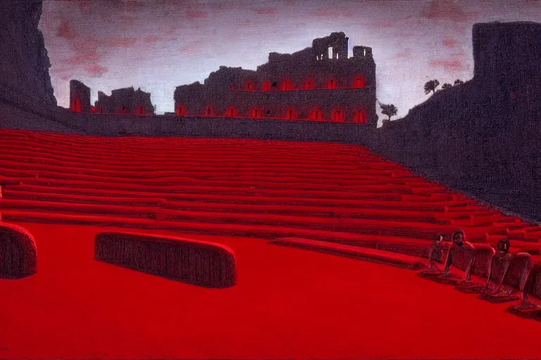 Image similar to only with red, a red great emperor, taormina amphitheatre, crowd with big smile, in the style of beksinski, parts by edward hopper, parts by rodcenko, parts by yue minjun, intricate and epic composition, red by caravaggio, insanely quality, highly detailed, masterpiece, red light, artstation, 4 k