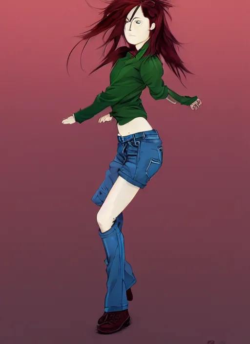 Prompt: full-body shot of an attractive tomboy girl with long, crimson red hair and red eyes, wearing a brown, open jacket and green jeans with a stern look, midriff, concept art, character design, by WLOP, by Ross Draws, by Tomine, by Satoshi Kon, by Rolf Armstrong, Beksinski