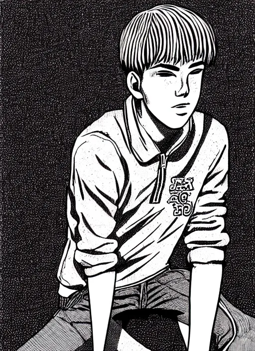 Image similar to portrait of teenage archie andrews, freckles, varsity jacket, intricate, highly detailed, illustration, art by junji ito, junji ito