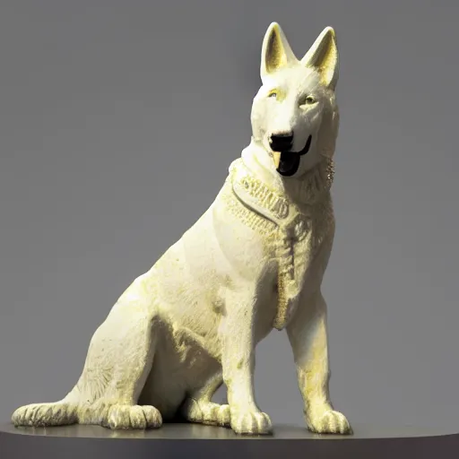 Prompt: detailed photo of a white shepherd statue made of gold, various posed, studio light, 8 k, photorealism, intricate detail, museum diffuse lighting