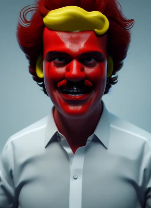 Prompt: portrait of Pedro Sanchez as Ronald McDonald, perfect facial symmetry + dim volumetric lighting, 8k octane beautifully detailed render, post-processing, extremely hyperdetailed, intricate, epic composition, grim yet sparkling atmosphere, cinematic lighting + masterpiece, trending on artstation