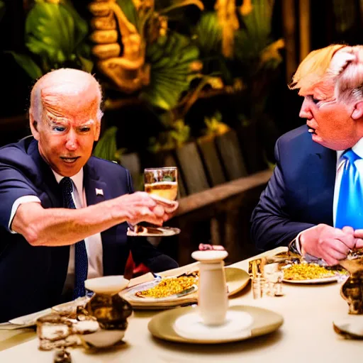 Image similar to donald Trump and joe Biden having dinner at a fancy Balinese restaurant, award winning photography, 85mm, perfect faces