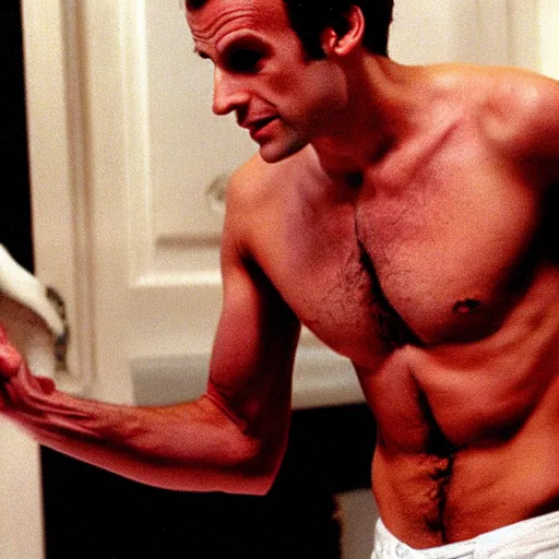 Prompt: Emmanuel Macron shirtless in American Psycho (1999)