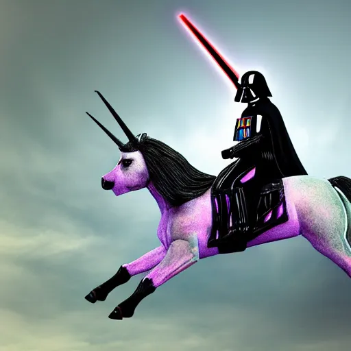 Image similar to darth vader riding a unicorn in china, digital art, 4 k