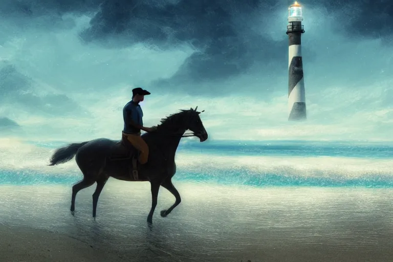 Image similar to photo of man riding a horse along the beach, glowing underwater waves toward a lighthouse in the distance guiding his way, silhouette, wide horizon, large white clouds, seagulls, night, intricate, elegant, highly detailed, digital painting, artstation, concept art, smooth, sharp focus, illustration, art by artgerm and greg rutkowski and fra angelico