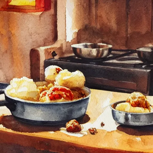 Image similar to a rabbit cooking mashed potatoes and meatballs in a cozy french kitchen, realistic watercolour