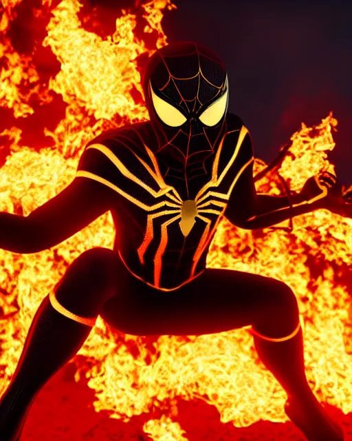 Image similar to photograph of a black and gold suit spider - man stood infront of a blazing inferno, dslr, cinematic, volumetric lighting, 8 k resolution, photorealistic