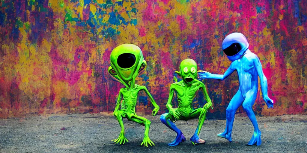 Prompt: happy encounter between an alien and a human child, colorful, impactful