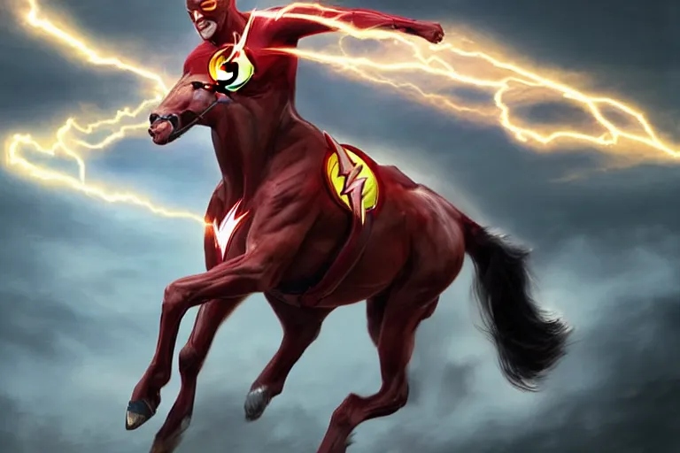 Image similar to a stunning digital painting of a horse as the flash in costume running in the speedforce by greg rutkowski, volumetric light, digital art, fine detail, photorealistic