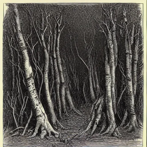 Prompt: An evil bog, full of trees with faces. Gustave Dore. Woodcut. Black and White.