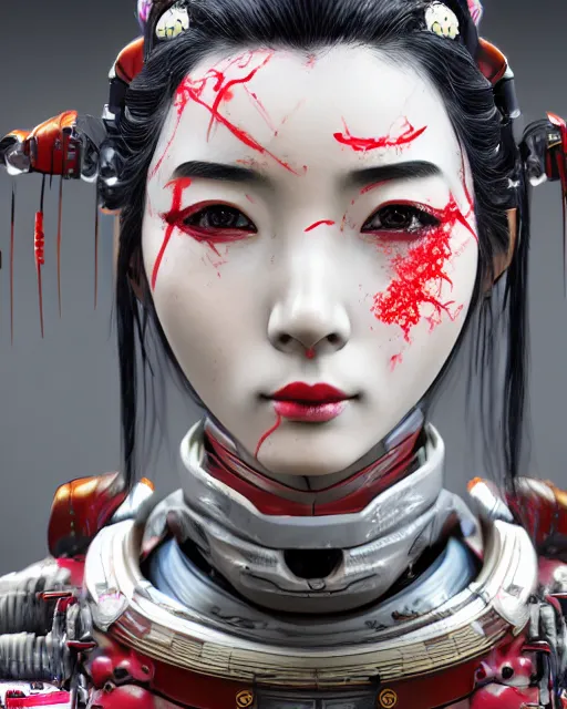 Prompt: an epic fantastic realism comic book style portrait painting of a japanese robotic geisha with kanji tattoos and decals, cherry blossom rain everywhere, apex legends, octane render, intricate detail, 4 k hd, unreal engine 5