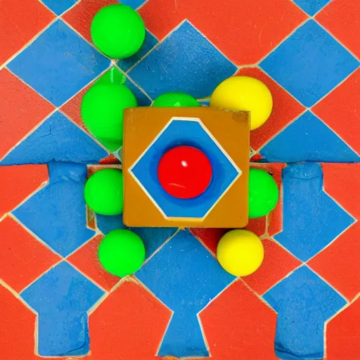 Image similar to red box, blue ball, green pyramid