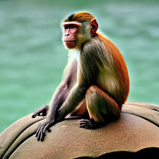 Image similar to nature photograph of a monkey sitting on the back of a turtle. national geographic