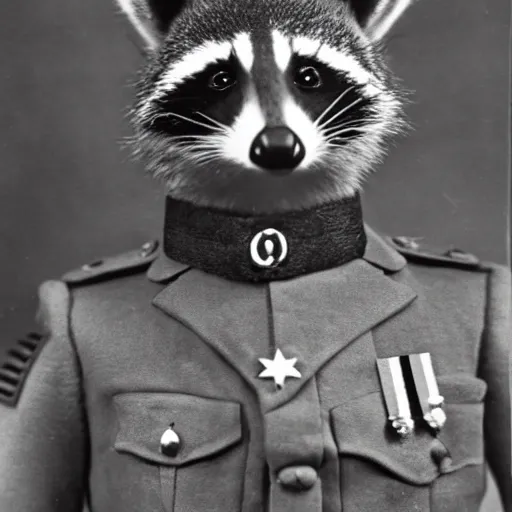 Image similar to vintage photograph of a noble raccoon, dressed in formal military costume with many medals on his chest