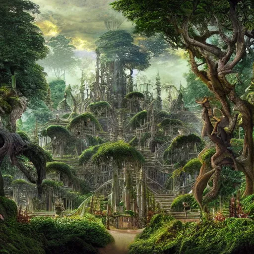 Image similar to a beautiful and highly detailed matte painting of an elven temple magical fantasy garden in a lush forest, intricate details, epic scale, insanely complex, 8 k, sharp focus, hyperrealism, by caspar friedrich and brian froud,