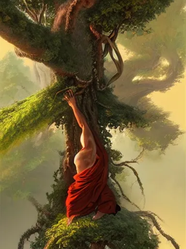 Prompt: a monk, hanging upside down from a tree, enlightenment. intricate, elegant, highly detailed, digital painting, artstation, concept art, sharp focus, illustration, by justin gerard and artgerm, 8 k