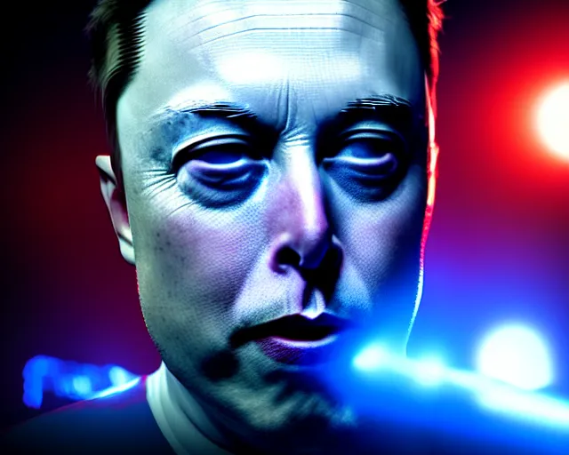 Prompt: 2 8 mm closeup portrait of elon musk top fragging in his live action video game, pipes, wires, dramatic lighting, octane, blue lights, lens flare, industrial, dirty, trending on artstation, golden ratio, h. r. giger, mist, action, volumetric lighting