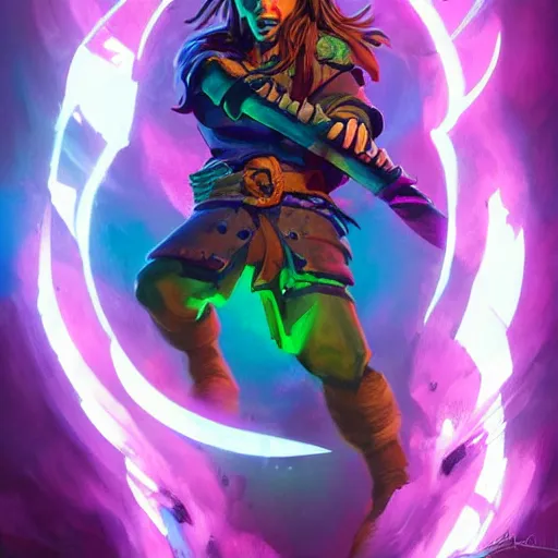 Prompt: a stylized portrait of a young boy with wavy brown hair and green eyes as an evil barbarian warlord, stylized, arcane magic, blue and purple vapor, neon color, vivid color, lens flare, volumetric light from below, background by justin gerard, hyperdetailed concept art by Ross Tran and Greg Rutkowski, high quality DnD illustration, trending on ArtStationHQ, 8k