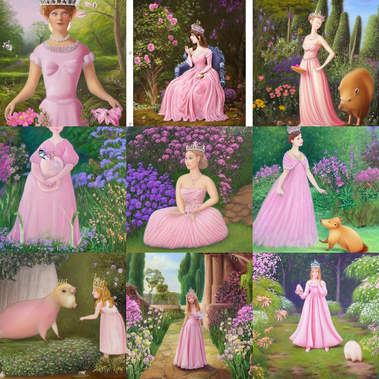 Prompt: princess capybara wearing a light pink dress and a crystal crown in a beautiful garden, highly detailed oil painting