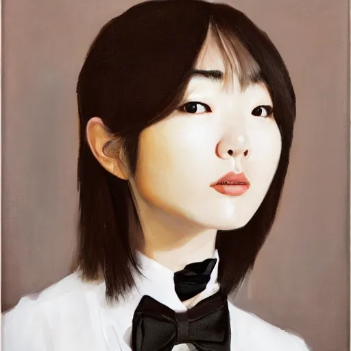 Image similar to portrait of a beautiful korean girl wearing a men's tuxedo, with long hair and bangs, angular features, angry expression, oil on canvas, elegant pose, masterpiece, Jonathan Yeo painting