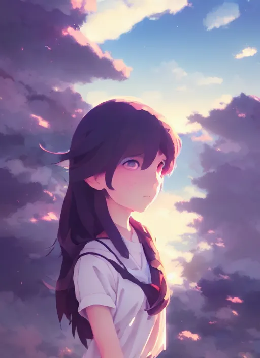 Image similar to portrait of cartoon girl, cloudy sky background lush landscape illustration concept art anime key visual trending pixiv fanbox by wlop and greg rutkowski and makoto shinkai and studio ghibli