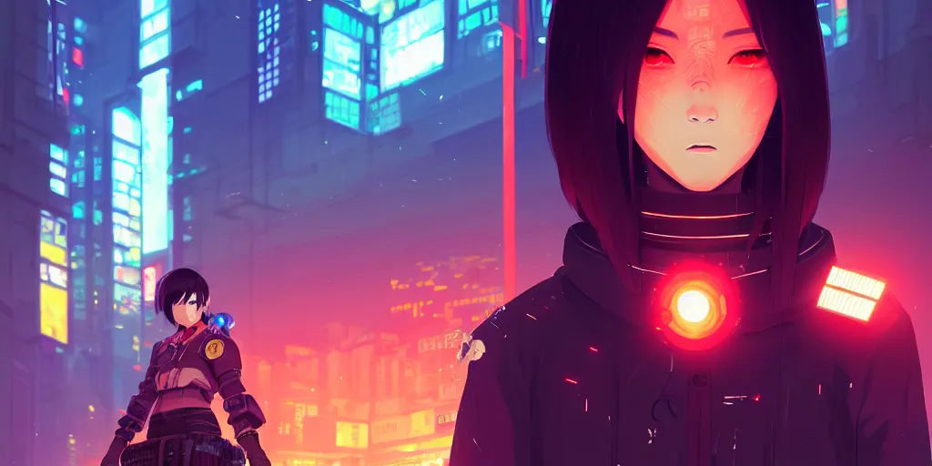 Image similar to digital illustration closeup portrait of cyberpunk samurai in city street at night by makoto shinkai, ilya kuvshinov, lois van baarle, rossdraws, basquiat | afrofuturism, in the style of hearthstone, trending on artstation | cool color scheme