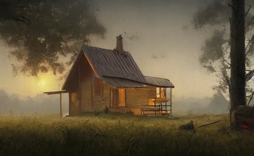 Image similar to a highly detailed epic cinematic concept art CG render digital painting artwork: small family cabin House, modern archetecture, excessove vegetation, foggy, dreamy, golden hour sunset By Greg Rutkowski, in the style of Francis Bacon and Syd Mead and Norman Rockwell and Beksinski, open ceiling, highly detailed, painted by Francis Bacon and Edward Hopper, painted by James Gilleard, surrealism, airbrush, Ilya Kuvshinov, WLOP, Stanley Artgerm, very coherent, triadic color scheme, art by Takato Yamamoto and James Jean