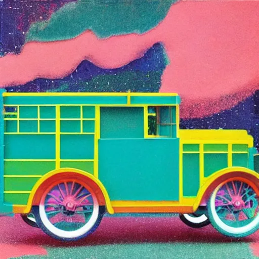 Image similar to 1 9 2 5 noisy excited universe pentagon flamingo hutch emerald car, by victo ngai and evard munch and mark rothko, trending on artstation, seapunk, tilt shift