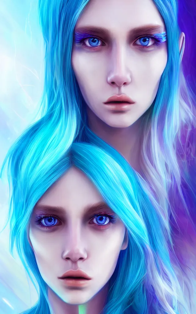 Prompt: portrait concept art of a future ai artificial intelligence virtual reality vr artist human stunningly beautiful face with perfectly symmetrical features photorealistic illustration digital rendering 8 k cinematic goldenhour sunset professional photo selfie two perfect symmetrical eyes with a rainbow chromatic iris and white sclera shimmering flowing cyan azure blue hair smooth porcelain unblemished skin gazing into the sunset futuristic fashion clothes