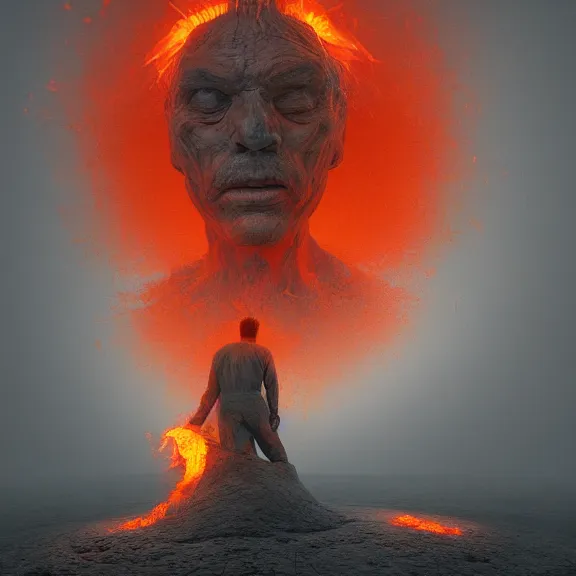 Prompt: An abstract matte painting of a man on fire portrait. zdzislaw beksinski, ArtStation, CGSociety, Unreal Engine