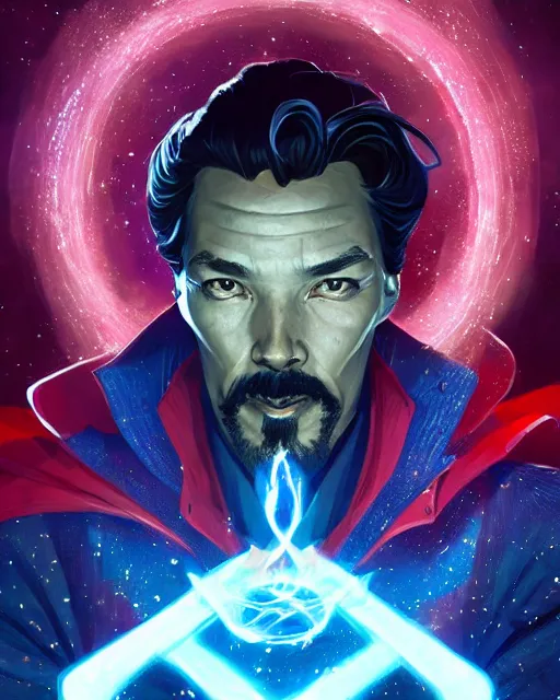 Image similar to a character portrait of handsome dr. strange with glow, surrounded with spiriling sparkling flash crystals and galaxies, by jesper ejsing, aleksi briclot, hyper light drifter, by ilya kuvshinov katsuhiro, jim burns, ed emshwiller, greg rutkowski, trending on artstation