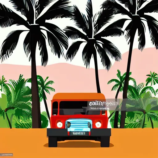 Image similar to a jeepney, palm tree, philippine sun and filipino girl wearing traditional clothes, stylized vector art, white background, trending on artstation