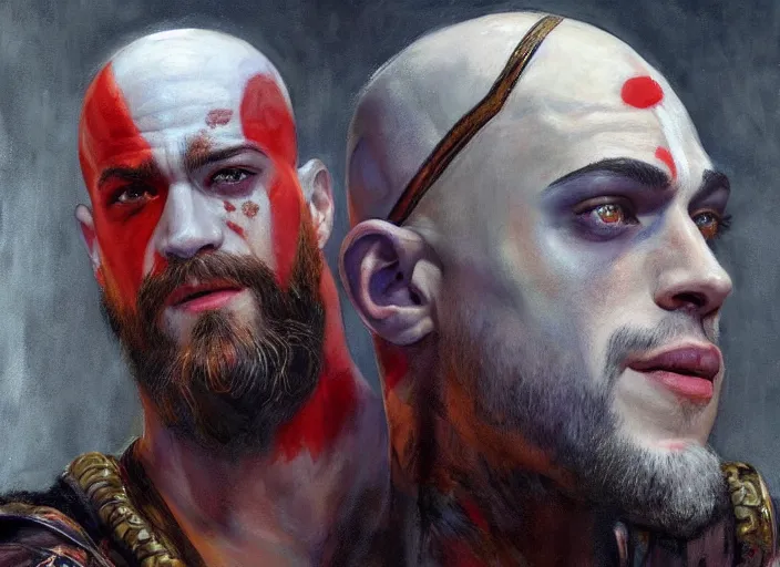 Prompt: a highly detailed beautiful portrait of pete davidson as kratos, by gregory manchess, james gurney, james jean