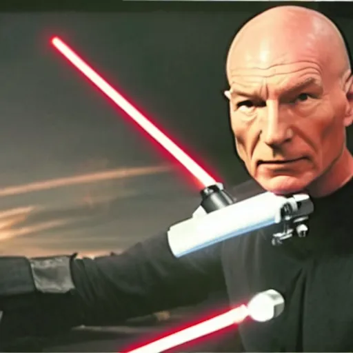 Image similar to screengrab of Captain Picard wielding a lightsaber