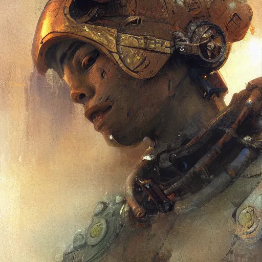 Prompt: a cyborg fighter, Egyptian features, resting after a hard fight, happily tired, sci fi character portrait by gaston bussiere, craig mullins