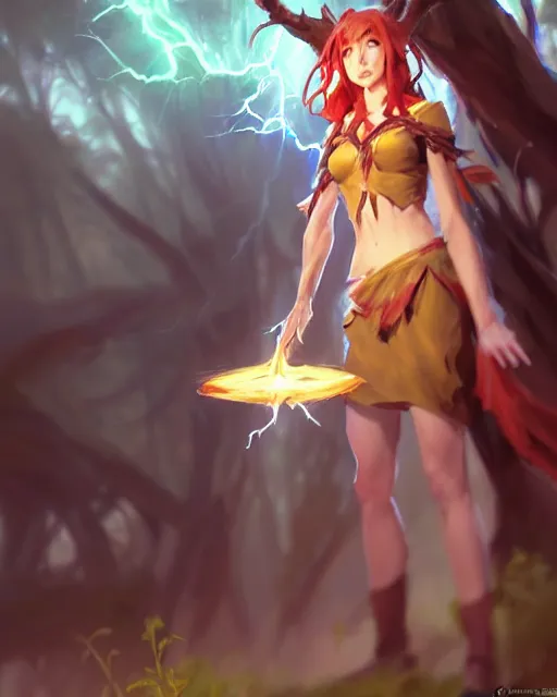 Image similar to greg manchess character concept art of a powerful druid summoning lightning, forest background | | anime anime anime, costume concept design, cute - fine - face, realistic shaded perfect face, fine details by stanley artgerm lau, wlop, rossdraws, james jean, andrei riabovitchev, and sakimichan, trending on artstation