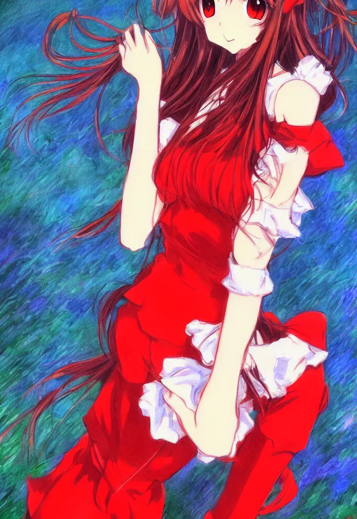 Image similar to medium shot portrait, a cute red outfit, tokyo anime scener, very anime in impressionist style, anime trending artwork, anime painter studio, by claude monet