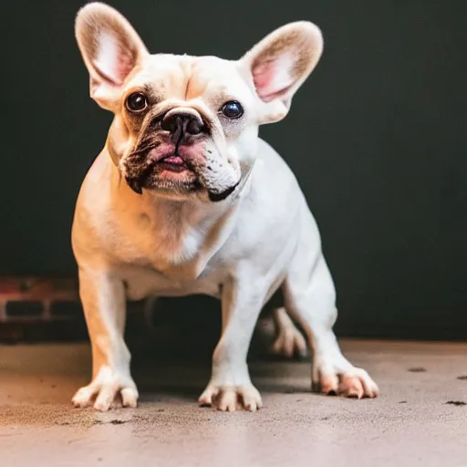 Image similar to photo of a sad white and brown french bulldog with a cone around his head