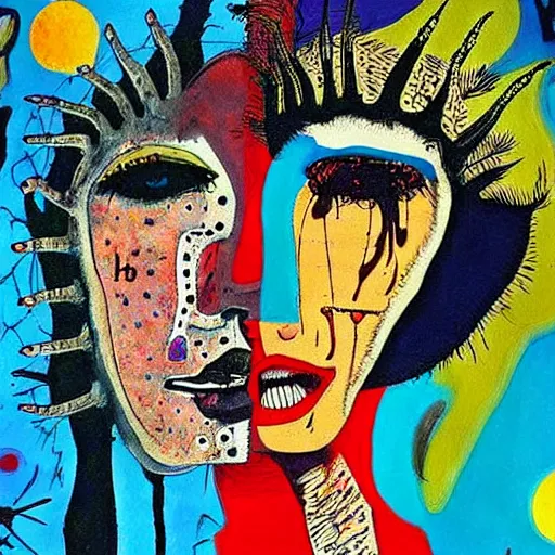 Image similar to beautiful painting of two bizarre psychedelic women kissing each other closeup on an alien planet, speculative evolution, mixed media collage by basquiat and junji ito, magazine collage art, paper collage art, sapphic art, lesbian art