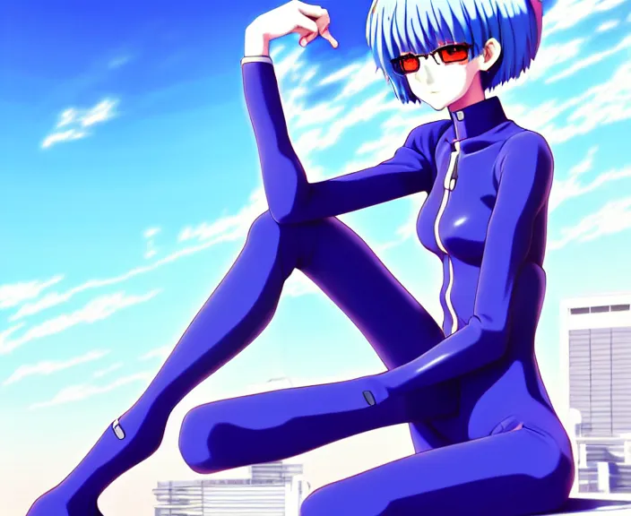 Image similar to anime art, fullbody shot of female rei ayanami, evangelion, long blue hair and large eyes, finely detailed perfect face, in a pale skintight plugsuit, sitting on rooftop, flooded city, trending on pixiv fanbox, by ilya kuvshinov, sola digital arts,, raytracing