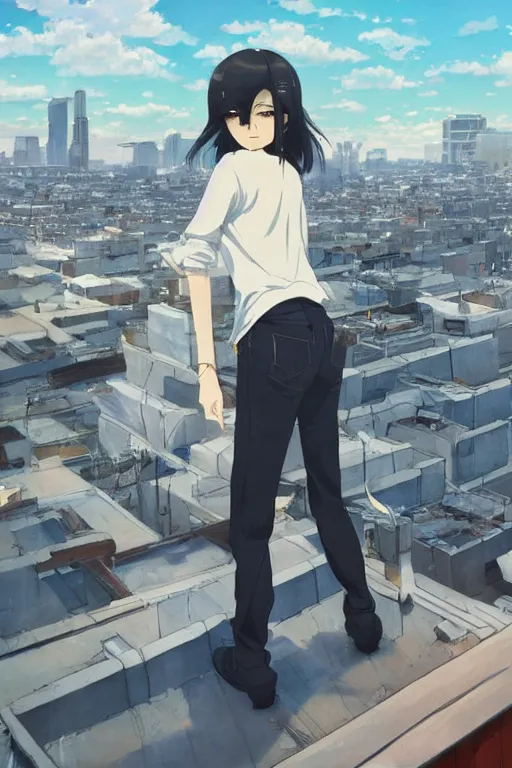 Image similar to A ultradetailed beautiful panting of a stylish woman standing on a rooftop, she is wearing streetwear, by Makoto Shinkai