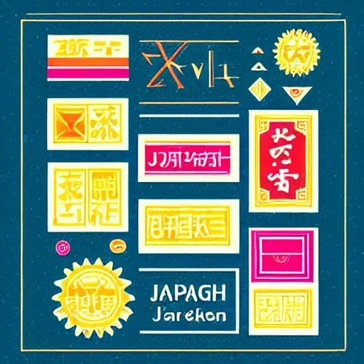 Image similar to square flyer design with bright and colourful vintage typographic japanese katakana, layout design, illustrator vector graphics