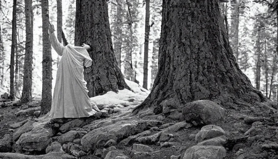 Prompt: 1 9 6 0 s movie still of marcus aurelius frozen screaming next to the river white drapery, pine forests, cinestill 8 0 0 t 3 5 mm b & w, high quality, heavy grain, high detail, texture, dramatic light, anamorphic, hyperrealistic, detailed hair