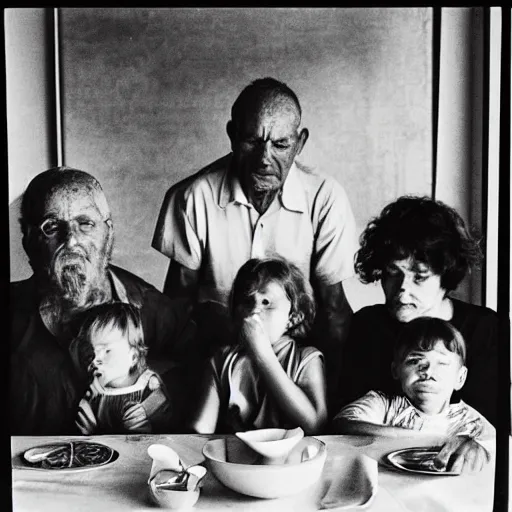 Image similar to black and white photograph of family at table by Eugene Richards