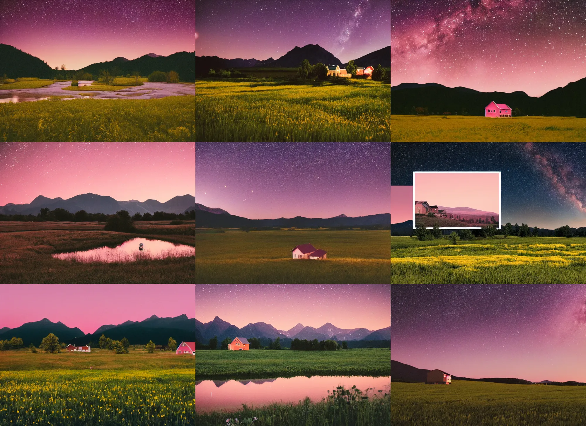 Prompt: still frame from a wes anderson movie of a meadow with a small pink farm house with a river and mountains, at dusk with the milky way stars, 1 6 mm f 1. 4 lens, nikkor, canon, sigma, award - winning landscape photography