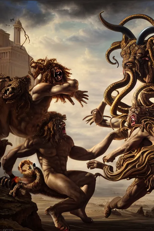 Image similar to minotaur vs medusa gorgon, realistic, detailed, highly detailed, hyper detailed, high definition, extremely detailed oil painting, beautiful composition, trending on artstation, award - winning photograph, masterpiece, intricate, portrait, 8 k highly professionally detailed, hdr, cgsociety