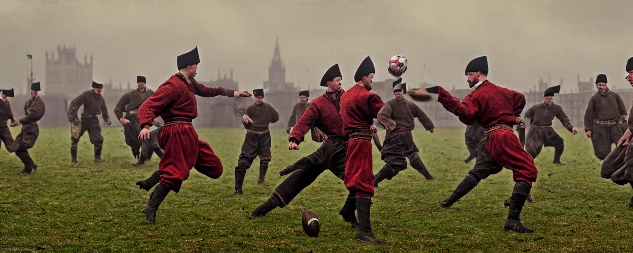 Image similar to ukrainian cossacks play football in london, early 2 0 th century, rain, realistic, hyper detail, dynamic, in john baeder style, many details, super realistic, high quality, 8 k