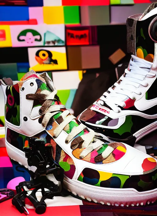 Image similar to hyperrealistic and heavy detailed product photo bape avant garde shoe of movie the fifth element, in front of white back drop, whole shoe is in picture, leica sl 2 5 0 mm, vivid color, high quality, high textured, real life