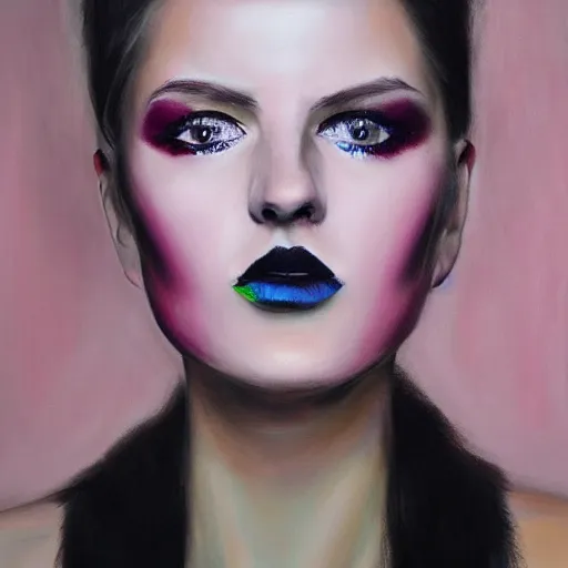 Prompt: hyperrealism oil painting, fashion model portrait, black lips, pink eyeshadow